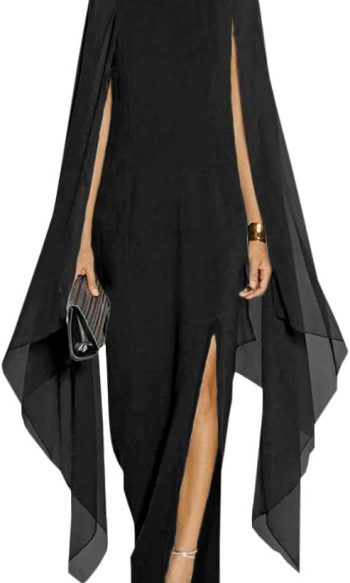 Women's Elegant High Split Flare Sleeve Formal Evening Gowns Maxi Dress with Cape