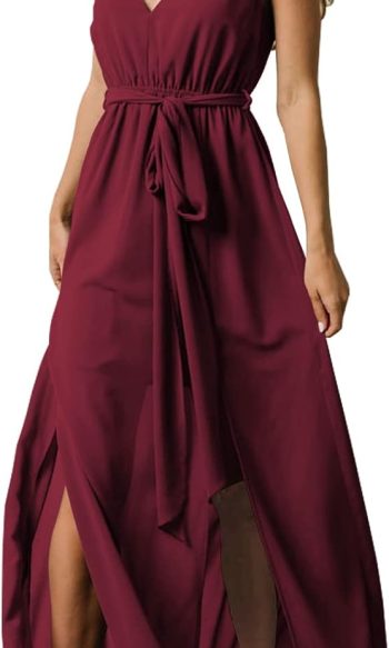 Women's Long Boho Maxi Chiffon Dress for Beach Vacation Sleeveless V-Neck Double Split Wedding Guest Dress