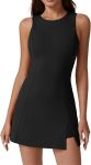 Women Crew Neck Tennis Dress Sleeveless Side Slit Athletic Dress Built-In Shorts with Pockets