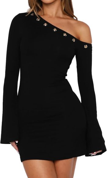Women's Autumn Mini Dress: Off-Shoulder with Long Flared Sleeves — Metal Eyelet Detail at Neckline — Bodycon Party Dress