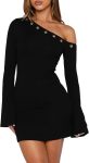 Women's Autumn Mini Dress: Off-Shoulder with Long Flared Sleeves — Metal Eyelet Detail at Neckline — Bodycon Party Dress