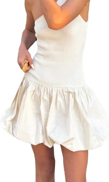 Women Strapless Mini Dress Tube Top Bubble Skirt Off Shoulder Corset Top Balloon Short Dress Club Party