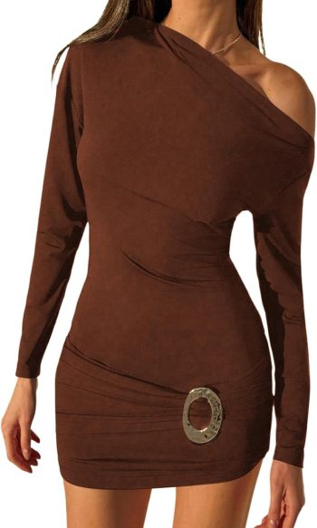 Women's Off-Shoulder Mini Dress: Long Sleeves with Asymmetrical Neckline — Pleated Bodycon Dress