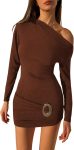 Women's Off-Shoulder Mini Dress: Long Sleeves with Asymmetrical Neckline — Pleated Bodycon Dress