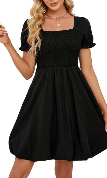 Women's Summer Bubble Dresses 2026 Trendy Casual Short Sleeves Square Neck Cute Aline Tiered Sundresses with Pockets