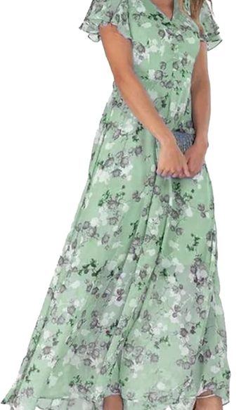 Women's Elegant Boho Floral Chiffon Maxi Dress Casual Summer V-Neck Ruffle Short Sleeve Flowy Dress