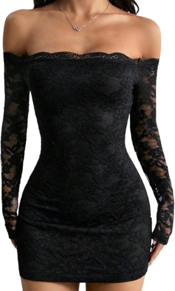 Women's Lace Long-Sleeve Mini Dress — Off-the-Shoulder Bodycon Dress for Autumn, Ideal for Parties