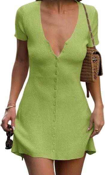 Women's Short-Sleeve Mini Dress — Deep V-Neck Button-Front Knit Style; Summer Ribbed-Knit A-Line Dress with Flared Sleeves