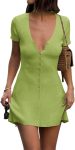 Women's Short-Sleeve Mini Dress — Deep V-Neck Button-Front Knit Style; Summer Ribbed-Knit A-Line Dress with Flared Sleeves
