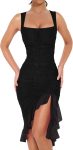 Women Ruched Bodycon Midi Dress Square Neck Sleeveless Ruffle Hem Party Tank Dress