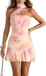 Women's Floral Halter Mini Dress: Bodycon Fit with Ruffled Hem — Includes Matching Scarf