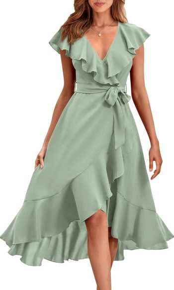 Women's Summer Cross Midi Dress Casual Boho Deep V-Neck Short Sleeve Ruffle Hem Split Beach Long Dress