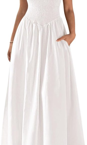 Women Smocked Maxi Dress Summer Beach Sundress Casual Spaghetti Strap Swing A-Line Long Flowy Dress