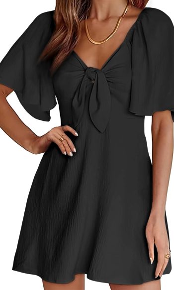 Women Dresses Summer Fall Deep V-Neck Elegant Bow Tie Mini Dress