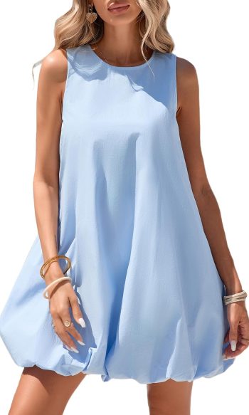 Women's Bubble Mini Dress Sleeveless Crewneck Keyhole Tie Back Tank Sundress with Pockets