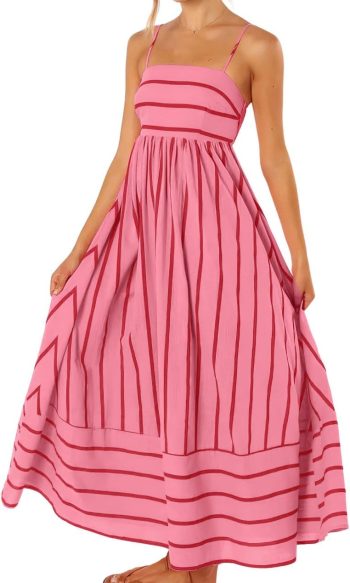 Women Striped Back Smocked Maxi Dress Spaghetti Strap Cut Out Flowy Swing Long Dress
