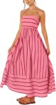 Women Striped Back Smocked Maxi Dress Spaghetti Strap Cut Out Flowy Swing Long Dress