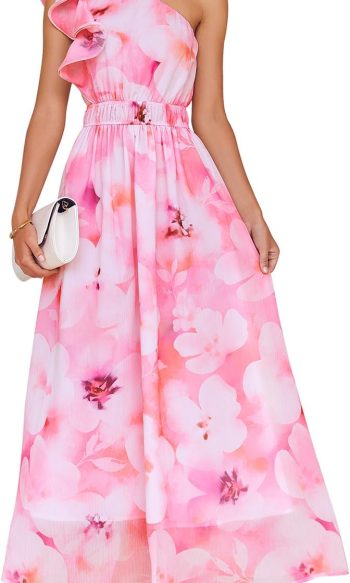 Women's Boho Floral Sleeveless Maxi Dress Ruffle One Shoulder Elastic High Waist Beach Party Long Dress