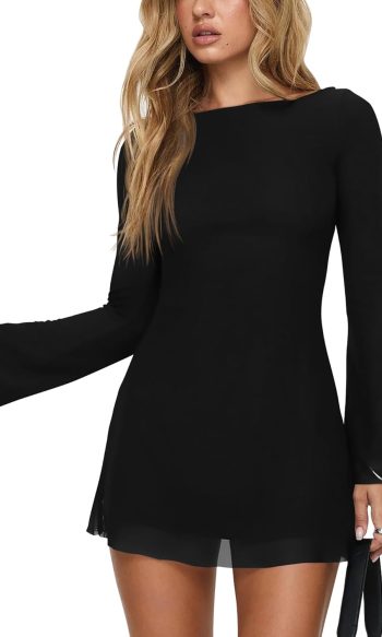 Women's Long-Sleeve Flared-Cuff Dress — Off-the-Shoulder Neckline with A-Line Silhouette; Suitable for Cocktail Parties and Events