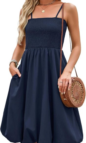 Womens Summer Smocked Sun Dress with Pockets 2026 Trendy Spaghetti Strap Boho Beach Casual Midi Bubble Dresses