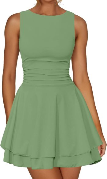 Women Ruffle Hem Boat Neck Mini Dress Sleeveless Ruched Corset Short Party Dress