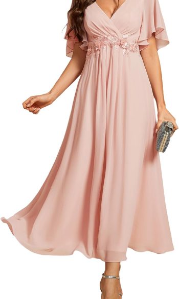 Women's Cocktail Dress V-Neck A-Line Elastic High Waist Wedding Guest Evening Party Maxi Dress