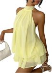 Women's Chiffon Halter-Neck Dress with Low Waistline — Wedding Guest Outfit; Ruffled Summer Mini Dress for Brunch Gatherings