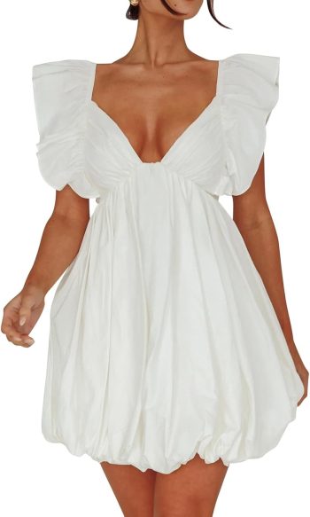 Summer Mini Dress Deep V-Neck Babydoll Dress Bubble Dress Backless Lace Up Sexy Short Dress