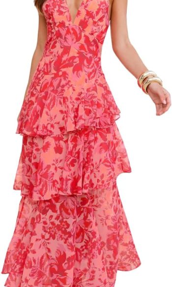 Women's Deep V-Neck Maxi Dress Floral Backless Ruffles Hem Cocktail Party Long Dress