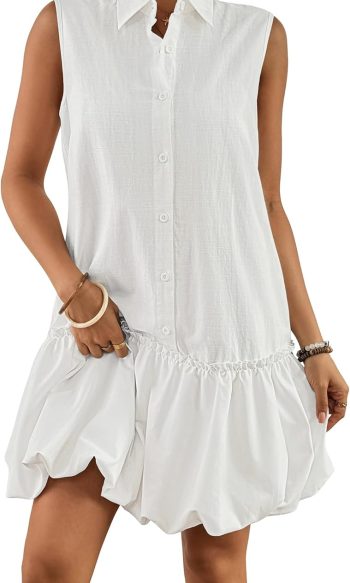 Womens Casual Summer Dresses Sleeveless Linen Bubble Mini Short Dress Button Down Shirt Sundress with Pockets