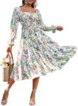 Women's Boho Flowy Long Sleeve Square Neck Floral Midi Dress Smocked Spring Fall Wedding Guest Dress