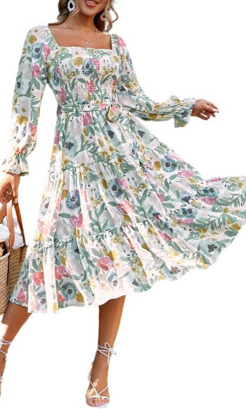 Women's Boho Flowy Long Sleeve Square Neck Floral Midi Dress Smocked Spring Fall Wedding Guest Dress