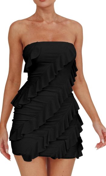 Women's Strapless Bodycon Mini Party Dress with Ruffled Details