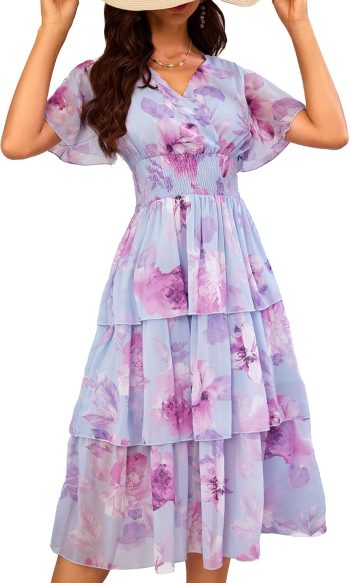 Women's Floral V-Neck Ruffle Tiered Layered Chiffon Flowy Swing Long Midi Dress Short Sleeve Smocked Dress