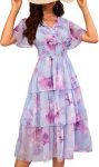Women's Floral V-Neck Ruffle Tiered Layered Chiffon Flowy Swing Long Midi Dress Short Sleeve Smocked Dress