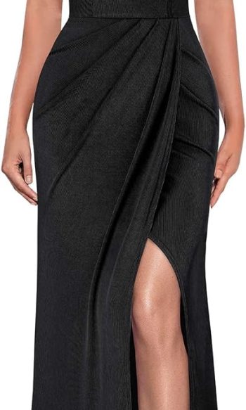Womens Sexy Formal Ruched Fitted High Slit Bodycon Maxi Dress Spaghetti Strap Sweetheart Cocktail Prom Evening Gown