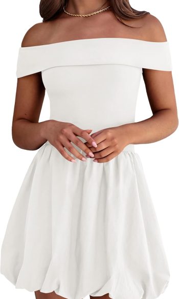 Women Summer Sexy Off Shoulder Bubble Dress 2026 Knit and Woven Cocktail Party Mini Dresses with Pockets