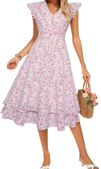 Women's Dresses Summer Short Sleeve Ruffle Floral V-Neck Flowy A-Line Casual Tiered Wedding Guest Midi Sundress
