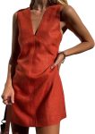 Women Summer Cotton Linen V-Neck Short Dress Sleeveless Mini Dress Casual A-Line Tank Sundress
