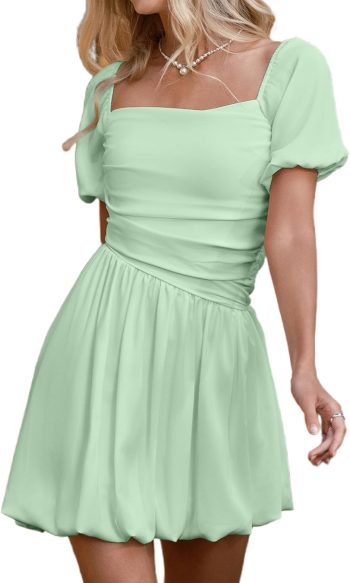 Women's Square Neck Short Puff Sleeve Bubble Dress Smocked Ruched Dresses Casual Wear