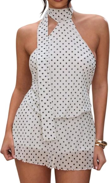 Women's Polka Dot Mini Dress: Backless, Sleeveless, Halter-Neck A-Line Silhouette — Summer Party Attire