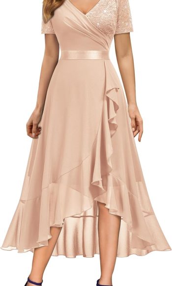 Women's Elegant V-Neck Contrast Sequin Lace Chiffon Ruffle Split Evening Party Dress