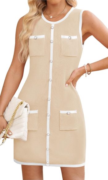 Women Summer Sleeveless Mini Dress Crewneck Button Knit Color Block Bodycon Party Short Dress with Pockets