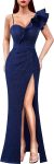Womens Ruffle One Shoulder Strap Ruched Formal Prom Wedding Maxi Dress V Neck Elegant Split Cocktail Evening Long Gown
