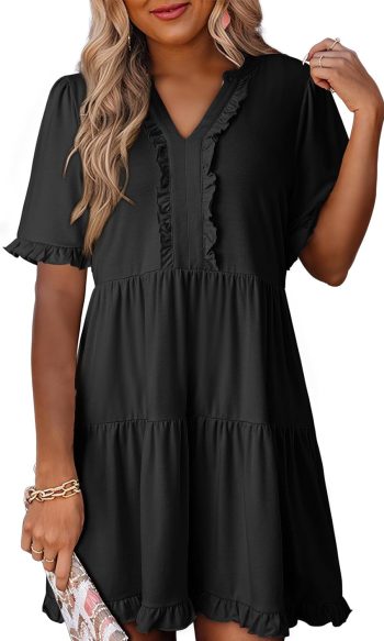 Women Dresses Summer Spring V-Neck Short Sleeve Casual A-Line Flowy Swing Shift Mini Dress