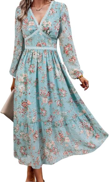Women's Spring Wrap Maxi Dress Floral V-Neck Long Sleeve Wedding Guest Party Casual Chiffon Dress