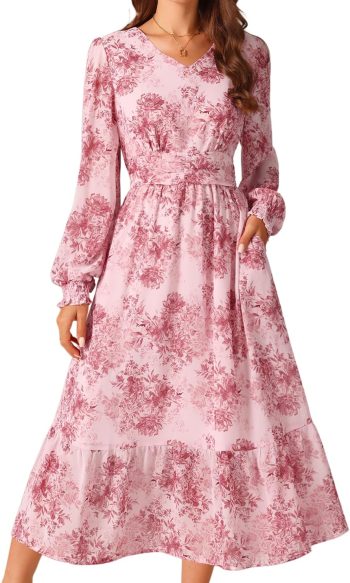 Women's Long Sleeve Floral Dress V-Neck Boho Ruffle Tiered Flowy Chiffon Midi Dress with Pocket