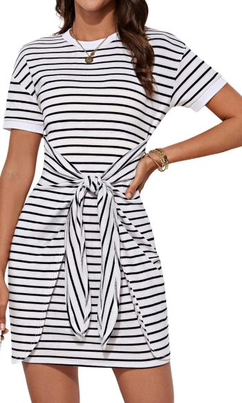 Striped Shirt Dress Front Tie Crewneck Wrap Dress Short Sleeve Casual Mini Bodycon Dress