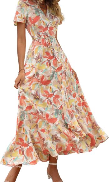 Women's Summer Maxi Dress Casual Wrap Floral Boho Short Sleeve V-Neck Split Ruffle Beach Long Dress