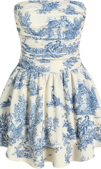 Women's Summer Cocktail Dress — Strapless, Ruched, Ruffled Mini Dress